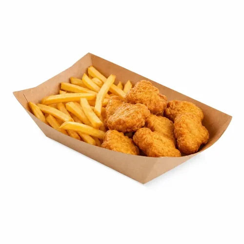 Bărcuță din carton kraft cu cartofi prăjiți și nuggets