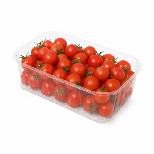 Caserolă transparentă din plastic pentru fructe și legume fără capac cu roșii cherry