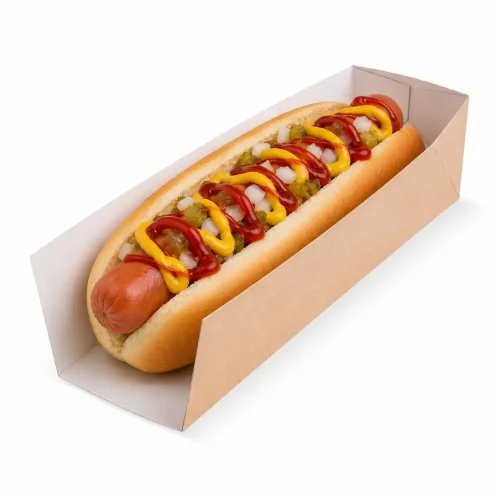 Cutie hot dog din carton kraft cu hot dog și sosuri
