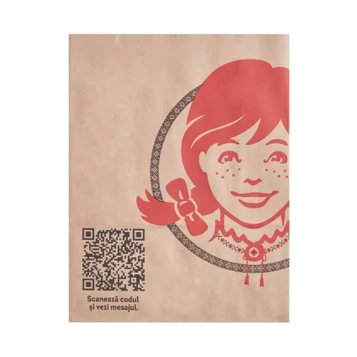 Detaliu cod QR pe pungă din hârtie personalizată Wendys