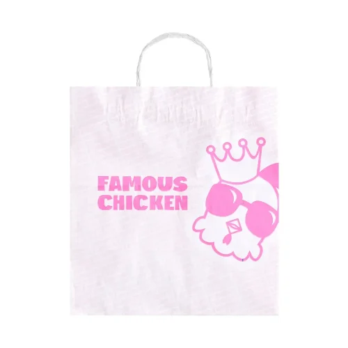 Pungă din hârtie personalizată Famous Chicken, culoare roz, cu logo și mâner răsucit
