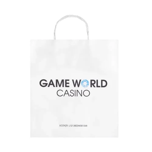 Pungă din hârtie personalizată Game World Casino, albă, cu logo imprimat