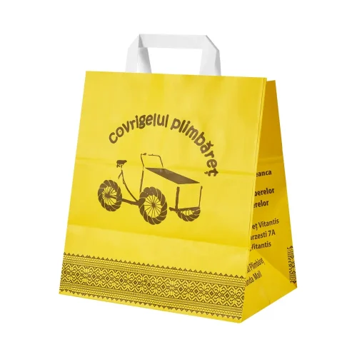 Sacoșă din hârtie personalizată Covrigelul Plimbăreț, galbenă, cu design tradițional și mâner plat