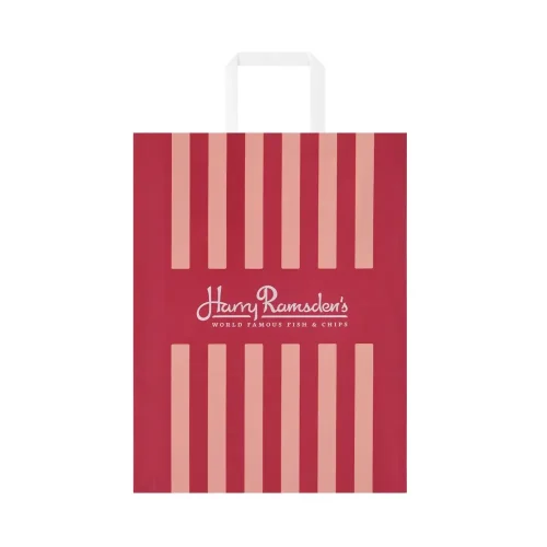 Sacoșă takeaway personalizată Harry Ramsden’s din hârtie roșie