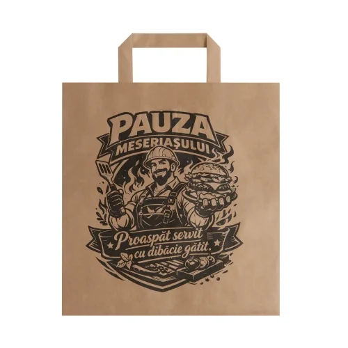 Sacoșă kraft personalizată Pauza Meseriașului pentru burgeri și preparate takeaway
