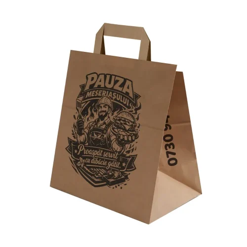 Sacoșă takeaway kraft personalizată Pauza Meseriașului pentru fast food și burgeri