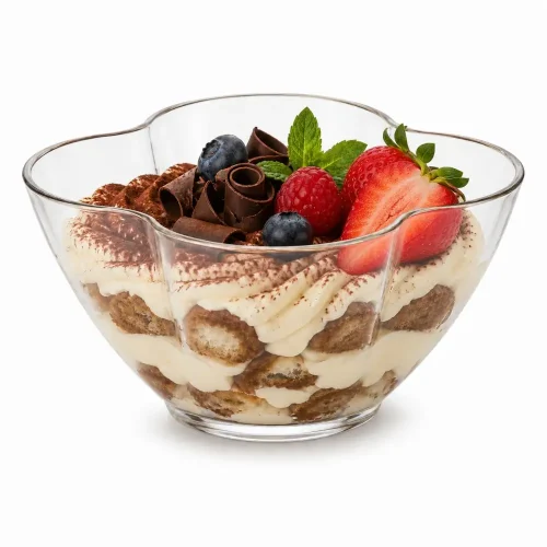 Cupă desert Nuvola din plastic transparent cu tiramisu, cremă mascarpone și fructe proaspete
