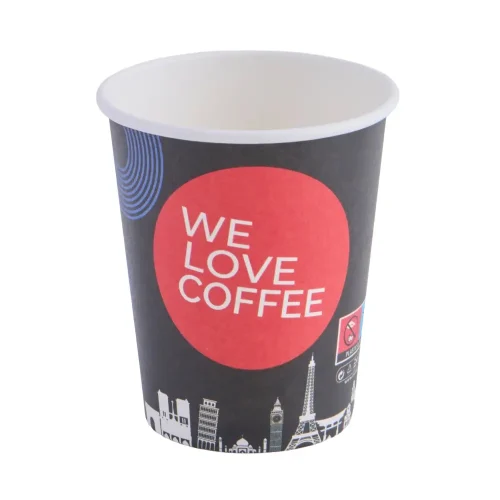 Pahar din carton We Love Coffee personalizat, mesaj vizual puternic