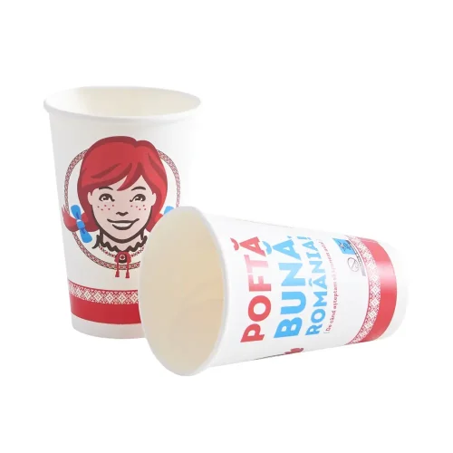 Pahar din carton personalizat Wendy’s, imprimare color, exemplu branding HoReCa