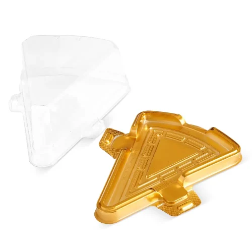 Caserolă tip felie tort bază aurie cu capac transparent, din plastic