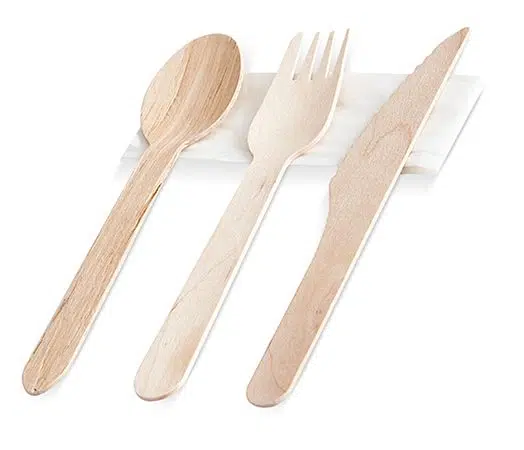 Biodegradabile Set furculiță, lingură și cuțit din lemn, cu șervețel