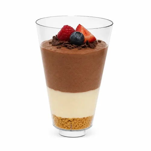 Cupa desert Mariana din plastic transparent cu mousse și fructe proaspete
