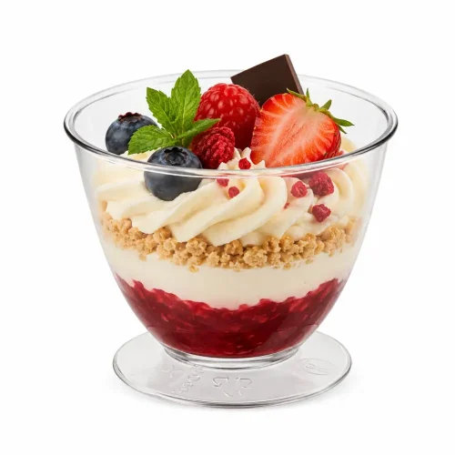 Cupă desert Shuttle Mini din plastic transparent cu desert stratificat și fructe proaspete