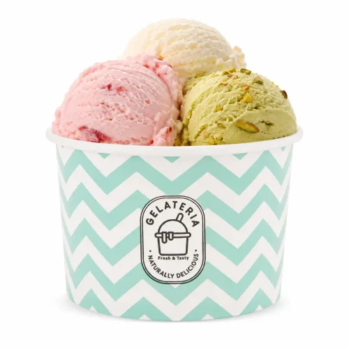 Cupă verde din carton pentru înghețată și desert 8 oz, cu model zigzag și trei cupe de înghețată asortată.