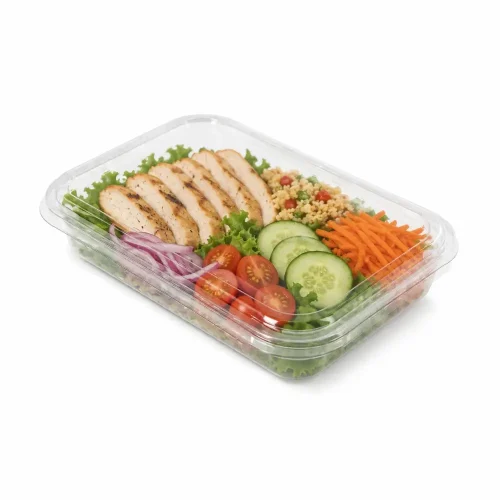 Caserolă dreptunghiulară transparentă cu capac plat pentru salată cu pui și legume