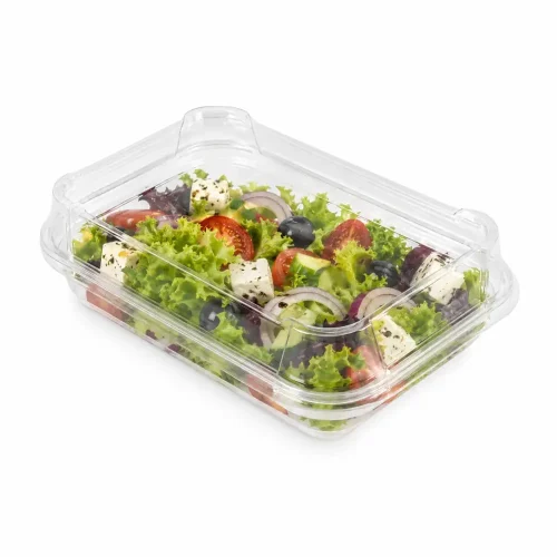 Caserolă dreptunghiulară transparentă cu capac înalt pentru salată, legume și preparate reci