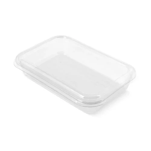 Caserolă dreptunghiulară transparentă cu capac plat pentru salate, gustări și preparate reci