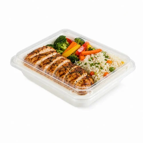 Caserolă din fibră lemnoasă cu capac transparent pentru meniu cu pui, orez și legume