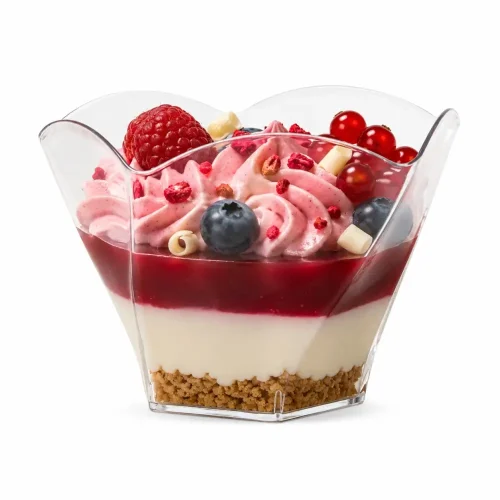 Cupă desert Rose din plastic transparent cu cheesecake, cremă de fructe și fructe proaspete