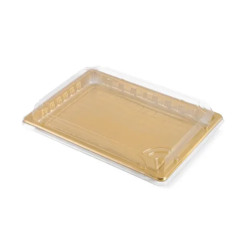 Caserolă aurie plastic cu capac transparent, vedere laterală