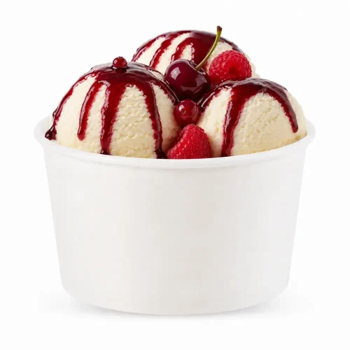 Cupă albă din carton pentru înghețată și desert, cu înghețată de vanilie și topping de fructe de pădure.