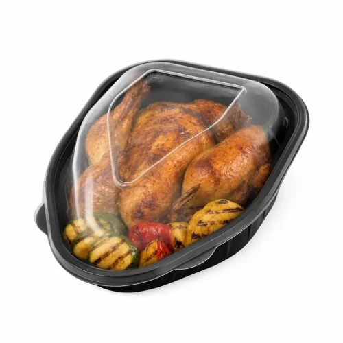 Caserolă pentru pui rotisat cu capac transparent și bază neagră, utilizată pentru takeaway